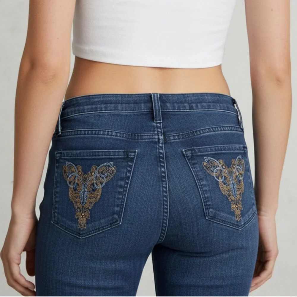 NYDJ Blue Straight Leg Jeans with Embroidered Pockets - Picture 1 of 16